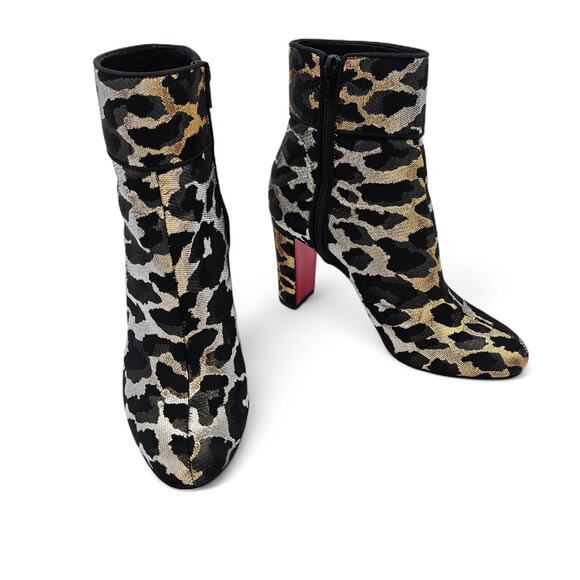 Christian Louboutin Moulamax Ankle Boot Black Gold Lurex Leopard Size 38 US 8 - Picture 3 of 13